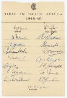 M.C.C. tour of South Africa 1948/49. Official autograph sheet fully signed in ink by all seventeen members of the touring party including the Manager, Green. Players’ signatures are Mann (Captain), Griffith, Palmer, Hutton, Washbrook, Evans, Tremlett, Gla