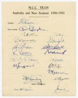 M.C.C. tour of Australia & New Zealand 1950/51. Rarer official autograph sheet fully signed in ink by the nineteen original members of the touring party including the joint Managers, Green and Nash, and bagman Ferguson. Players’ signatures are Brown (Capt