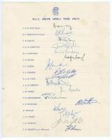 M.C.C. tour to South Africa 1956/57. Official autograph sheet nicely signed in ink by all seventeen members of the touring party. Signatures are May (Captain), Insole, Bailey, Compton, Cowdre, Evans, Laker, Loader, Lock, Oakman, Parks, Richardson, Statham