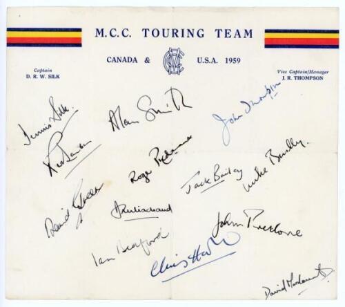 M.C.C. tour of Canada & U.S.A. 1959. Official autograph sheet with M.C.C. colour title nicely signed in ink by all thirteen members of the touring party. Signatures are Silk (Captain), Thompson, Barber, Green, Smith, Prideaux, Piachaud, Bedford, Bailey, H