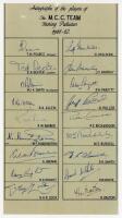 M.C.C. tour to India, Pakistan & Ceylon 1961/62. ‘Autographs of the players of the M.C.C. Team Touring Pakistan 1962-62’. An autograph sheet that appears to be official with printed title and players’ names, fully signed by all eighteen listed members of 