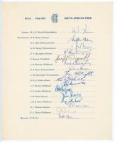 M.C.C. tour to South Africa 1964/65. Official M.C.C. autograph sheet signed by sixteen listed members of the M.C.C. touring party. Signatures are Smith (Captain), Allen, Barber, Barrington, Boycott, Brearley, Brown, Cartwright, Hobbs, Murray, Parfitt, Par