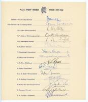 M.C.C. tour to West Indies 1959/60. Official autograph sheet fully signed by all fifteen playing members of the M.C.C. touring party. Signatures are May (Captain), Cowdrey, Allen, Andrew, Barrington, Dexter, Greenhough, Illingworth, Moss, Pullar, Smith, S