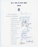 M.C.C. tour to West Indies 1967/68. Official M.C.C. autograph sheet signed by fifteen listed members of the M.C.C. touring party. Signatures are Cowdrey (Captain), Barrington, Boycott, Brown, D’Oliveira, Edrich, Graveney, Higgs, Hobbs, Jones, Knott, Milbu