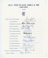 M.C.C. tour of East Africa & The Far East 1970. Official autograph sheet for the tour, fully signed by all fifteen listed members of the touring party in ink. Signatures are Lewis (Captain), Arnold, Blenkiron, Boycott, Fletcher, Gilliat, Hampshire, Jones,