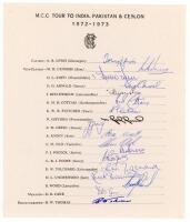 M.C.C. tour of India, Pakistan & Ceylon 1972/73. Official autograph sheet for the tour, fully signed by all eighteen listed members of the touring party in ink. Players’ signatures are Lewis (Captain), Denness, Amiss, Arnold, Birkenshaw, Cottam, Fletcher,