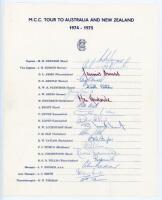 M.C.C. tour to Australia & New Zealand 1974/75. Official autograph sheet for the tour, fully signed by all nineteen listed members of the touring party in ink. Players’ signatures are Denness (Captain), Edrich, Amiss, Arnold, Fletcher, Greig, Hendrick, Kn