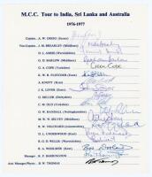 M.C.C. tour to India, Sri Lanka & Australia 1976/77. Official autograph sheet for the tour, fully signed by all eighteen listed members of the touring party in ink. Players’ signatures are Greig (Captain), Brearley, Amiss, Barlow, Cope, Fletcher, Knott, L