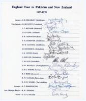 England tour to Pakistan & New Zealand 1977/78. Official autograph sheet for the tour, fully signed by all nineteen listed members of the touring party in ink. Players’ signatures are Brearley (Captain), Boycott, Botham, Cope, Downton, Edmonds, Gatting, H