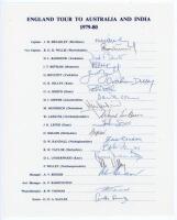 England tour to Australia & India 1979/80. Official autograph sheet for the tour, signed by eighteen listed members of the touring party in ink. Lacking one signature of Ken Barrington, Assistant Manager. Players’ signatures are Brearley (Captain), Willis