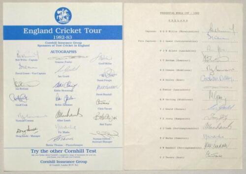 England tours 1982/83-1986 and World Cup 1983. Four official autograph sheets for tours to Australia 1982/83 (19 signatures), to India, Sri Lanka & Australia 1984/85 (20), and to West Indies 1986 (21), also for the Prudential World Cup in England 1983 (14