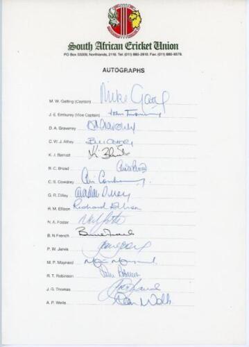 England ‘Rebel’ tour to South Africa 1989/90. Official ‘South African Cricket Union’ autograph sheet with printed players’ names. Nicely signed by all sixteen listed members of the England touring party. Signatures are Gatting (Captain), Emburey, Graveney