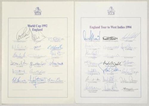 England World Cup and tours 1992-1996/97. Four official autograph sheets, one for the World Cup in England 1992 (complete with 17 signatures), and for tours to West Indies 1994 (20), to South Africa 1995/96 (21), and to Zimbabwe & New Zealand (20). Three 