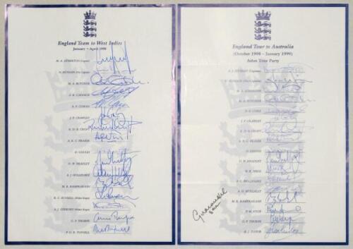 England tours 1999-2001. Four official autograph sheets for tours to West Indies 1998 (16), to Australia 1998/99 (18), to South Africa & Zimbabwe (17), and to Sri Lanka (15). All four sheets fully signed by all listed members of the touring parties. Signa