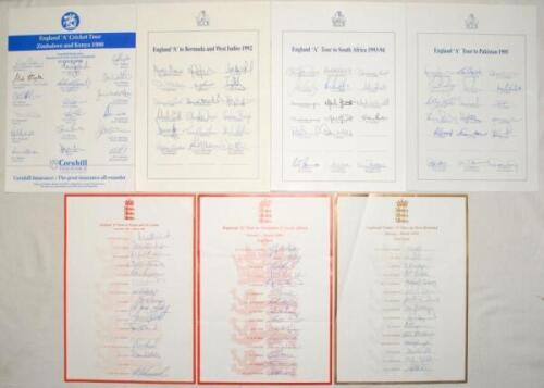 England ‘A’ tours 1990-1999. Six official autograph sheets for England ‘A’ tours to Zimbabwe & Kenya 1990 (18 signatures), Bermuda & West Indies 1992 (18), South Africa 1993/94 (17), Pakistan 1995 (18), Kenya & Sri Lanka 1997/98 (14), Zimbabwe & South Afr