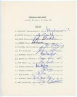 England v West Indies 1969. Official typed sheet fully signed in ink by the fourteen members of the England team for the drawn 2nd Test, Lord’s, 26th June- 1st July 1969. Signatures are Illingworth (Captain), Boycott, Brown, Denness, D’Oliveira, Edrich, H