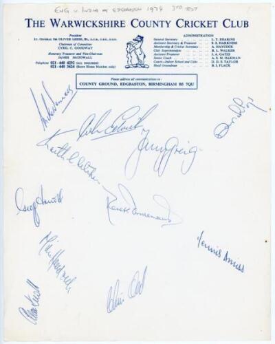 England v India 1974. Official Warwickshire C.C.C. autograph sheet fully signed in ink by the eleven members of the England team for the 3rd Test, Edgbaston, 4th- 8th July 1974. Signatures are Denness (Captain), Edrich, Fletcher, Greig, Lloyd, Arnold, Und