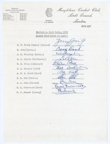 England v West Indies 1976. Official M.C.C. autograph sheet fully signed in ink by the eleven members of the England team for the drawn 2nd Test, Lord’s, 17th- 22nd June 1976. Signatures are Greig (Captain), Wood, Brearley, Steele, Close, Woolmer, Knott, 