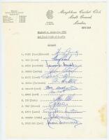 England v Australia 1975. Official M.C.C. autograph sheet fully signed in ink by the twelve members of the England team for the drawn 2nd Test, Lord’s, 31st July- 5th August 1975. Signatures are Greig (Captain), Wood, Amiss, Edrich, Gooch, Steele, Woolmer