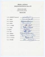 England v Australia, Jubilee Test 1977. Official typed autograph sheet fully signed in ink by the twelve members of the England team for the drawn 1st Test, Lord’s, 16th- 21st June 1977. Signatures are Brearley (Captain), Amiss, Barlow, Greig, Knott, Leve