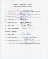 England v New Zealand 1978. Official typed autograph sheet signed in ink by eleven of the twelve listed members of the England team for the 3rd Test, Lord’s, 24th- 28th August 1978. Signatures are Brearley (Captain), Botham, Boycott, Edmonds, Emburey, Goo