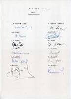 England v Australia 1981. Official typed autograph sheet fully signed in ink by the twelve listed members of the England team for the 5th Test, Old Trafford, 13th- 17th August 1981. Signatures are Brearley (Captain), Tavare, Botham, Emburey, Gatting, Boy