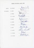 England v New Zealand 1983. Official typed autograph sheet fully signed in ink by the eleven listed members of the England team for the 3rd Test match, Lord’s, 11th- 15th August 1983. Signatures are Willis (Captain), Gower, Botham, Cook, Cowans, Foster, G