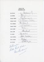 England v New Zealand 1983. Official typed autograph sheet fully signed in ink by the twelve listed members of the England team for the 1st Test match, The Oval, 14th- 18th July 1983. Signatures are Willis (Captain), Botham, Cowans, Dilley, Edmonds, Fowle