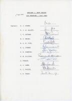 England v West Indies 1984. Official typed autograph sheet fully signed in ink by the twelve listed members of the England team for the 4th Test, Old Trafford, 26th- 31st July 1984. Signatures are Gower (Captain), Allott, Botham, Broad, Cook, Cowans, Down