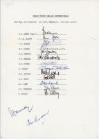 England v Australia 1985. Official typed autograph sheet fully signed in ink by the thirteen listed members of the England team for the one-day international series 1985. Signatures are Gower (Captain), Allott, Botham, Cowans, Downton, Edmonds, Foster, Fo