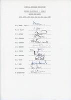 England v Australia 1985. Official typed autograph sheet fully signed in ink by the twelve listed members of the England team for the 2nd Test, Lord’s, 27th June- 2nd July 1985. Signatures are Gower (Captain), Allott, Botham, Downton, Edmonds, Emburey, Fo