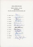 England v Australia 1985. Official typed autograph sheet fully signed in ink by the twelve listed members of the England team for the 6th Test, The Oval, 29th August- 3rd September 1985. Signatures are Gower (Captain), Agnew, Botham, Downton, Edmonds, Ell