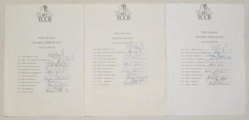 England v New Zealand 1990. Three official T.C.C.B. autograph sheets of the England teams for each of the three Test matches played at Trent Bridge (12 signatures), Lord’s (12) and Edgbaston (12) in 1990. All fully signed. Signatures are Gooch (Captain), 