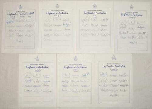 England v Australia 1993. Seven official T.C.C.B. autograph sheets of the England teams, one for the one-day international series (13 signatures), 1st Test at Old Trafford (13), 2nd Test at Lord’s (12), 3rd Test at Trent Bridge (13), 4th Test at Headingle