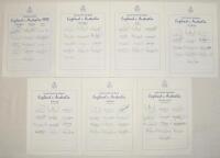 England v Australia 1993. Seven official T.C.C.B. autograph sheets of the England teams, one for the one-day international series (13 signatures), 1st Test at Old Trafford (13), 2nd Test at Lord’s (12), 3rd Test at Trent Bridge (13), 4th Test at Headingle