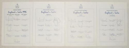 England v India 1996. Four official T.C.C.B. autograph sheets of the England teams, one for the three match one-day international series (13 signatures), 1st Test at Edgbaston (13), 2nd Test at Lord’s (12), and 3rd Test at Trent Bridge (13). All fully sig