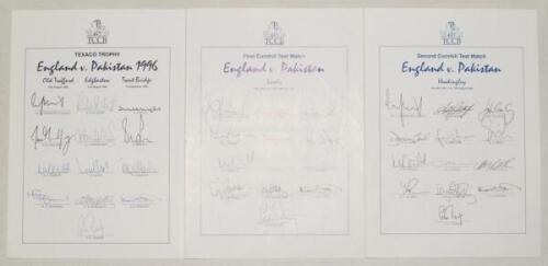 England v Pakistan 1996. Three official T.C.C.B. autograph sheets of the England teams, one for the three match one-day international series (13 signatures), 1st Test at Lord’s (11, lacking two), and the 3rd Test at Headingley (13). Signatures are Atherto