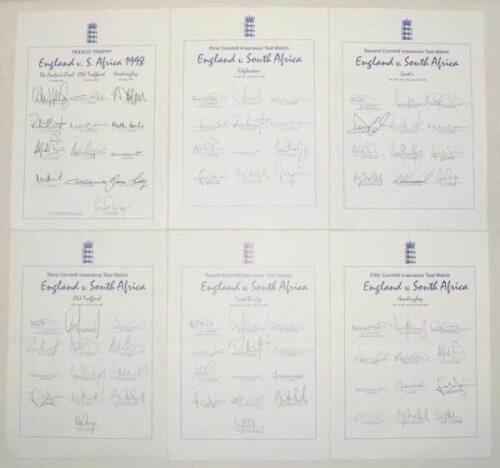 England v South Africa 1998. Six official E.C.B. autograph sheets of the England teams, one for the three match one-day international series in May (13 signatures, lacking one), 1st Test at Edgbaston (12), 2nd Test at Lord’s (12), 3rd Test at Old Trafford