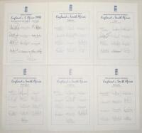 England v South Africa 1998. Six official E.C.B. autograph sheets of the England teams, one for the three match one-day international series in May (13 signatures, lacking one), 1st Test at Edgbaston (12), 2nd Test at Lord’s (12), 3rd Test at Old Trafford