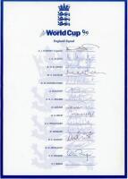 World Cup 1999. Official E.C.B. autograph sheet of the England team for the 1999 World Cup held in England. Fully signed by all fifteen listed players. Signatures are Stewart (Captain), Austin, Croft, Ealham, Fairbrother, Flintoff, Fraser, Gough, Hick, A.