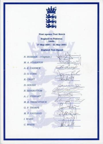 England v Pakistan 2001. Official E.C.B. autograph sheet of the England teams for the 1st Test at Lord’s (13 signatures), and another for the NatWest Triangular one-day international Tournament with Pakistan and Australia (14). Both sheets fully signed. S