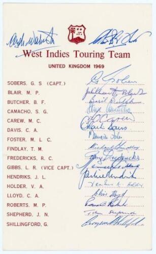 West Indies tour to England 1969. Rare official autograph card with printed title and players’ names. Nicely and fully signed to the card by all eighteen members of the touring party. Signatures are Sobers (Captain), Blair, Butcher, Camacho, Carew, Davis,