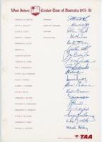 West Indies tour to Australia 1975/76. Rare official autograph sheet with printed title and players’ names. Nicely and fully signed by the nineteen members of the touring party. Signatures are Lloyd (Captain), Deryck Murray, Julien, Inshan Ali, Baichan, G