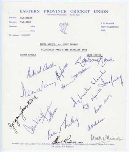 West Indies XI ‘Rebel’ tour to South Africa 1982/83. Official autograph sheet for the one day match, South Africa v West Indies XI, St. Georges Park, Port Elizabeth, 5th February 1983. Sixteen signatures in ink of members of the West Indies touring party.