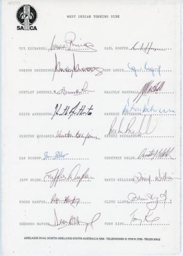 West Indies tour to Australia 1988/89. Two official South Australia Cricket Association autograph sheets with printed title and players’ names, one signed by all eighteen listed members of the touring party, the other by thirteen. Signatures are Richards 