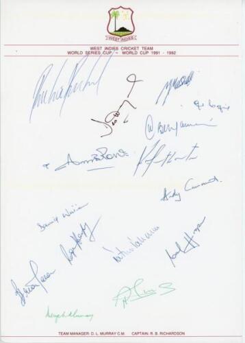 West Indies tour of Australia for the World Series Cup & World Cup 1991/92. Official autograph sheet fully signed in ink by the fifteen members of the touring party including Richardson (Captain), Haynes, Williams, Marshall, Logie, Benjamin, Arthurton, Am