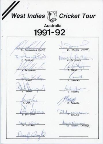 West Indies tour to Australia 1991/92. Official autograph sheet with printed title and players’ names, signed by seventeen members of the touring party. Signatures are Richardson (Captain), Haynes, Ambrose, Anthony, Arthurton, Best, Bishop, Cummins, Hayne