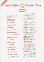 West Indies tour Australia 1995/96. Official autograph sheet with printed title and players’ names, fully signed in ink by all seventeen listed members of the West Indies touring party. Signatures are Richardson (Captain), Walsh, Adams, Ambrose, Bishop, B