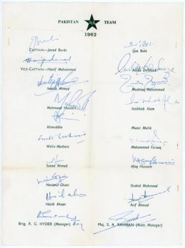 Pakistan tour to England 1962. Official autograph sheet with printed title and players’ names, fully signed in ink by eighteen of the listed members of the touring party. Signatures are Javed Burki (Captain), Hanif Mohammad, Mahmood Hussain, Alimuddin, Wa