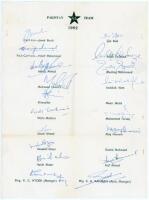 Pakistan tour to England 1962. Official autograph sheet with printed title and players’ names, fully signed in ink by eighteen of the listed members of the touring party. Signatures are Javed Burki (Captain), Hanif Mohammad, Mahmood Hussain, Alimuddin, Wa